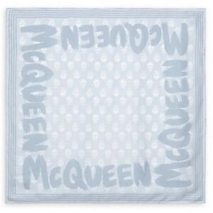 Alexander‎ McQueen Biker Silk Skull Graffiti Logo Scarf Light Blue Square Italy